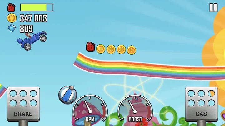 Screenshot of a desert stage with a dune buggy jumping over sand dunes and collecting coins.