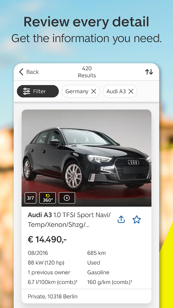 Search filters for make, model, price range, and fuel type
