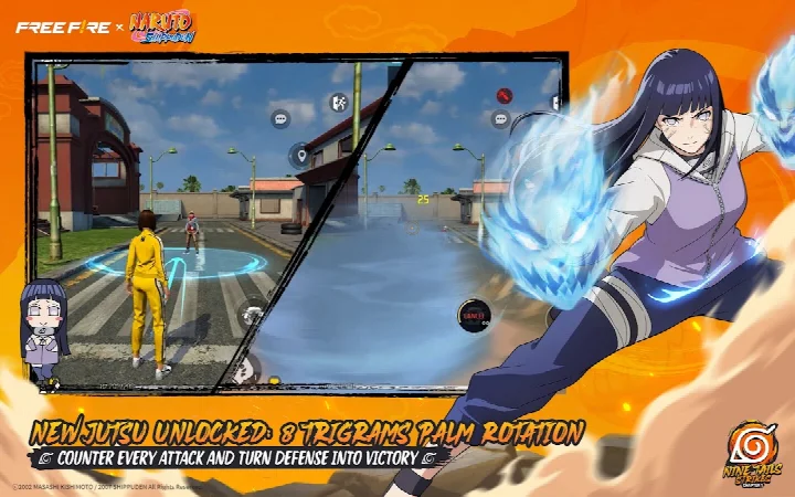 Free Fire x NARUTO SHIPPUDEN screenshot of the 8 Trigrams Palm Rotation spinning chakra defense