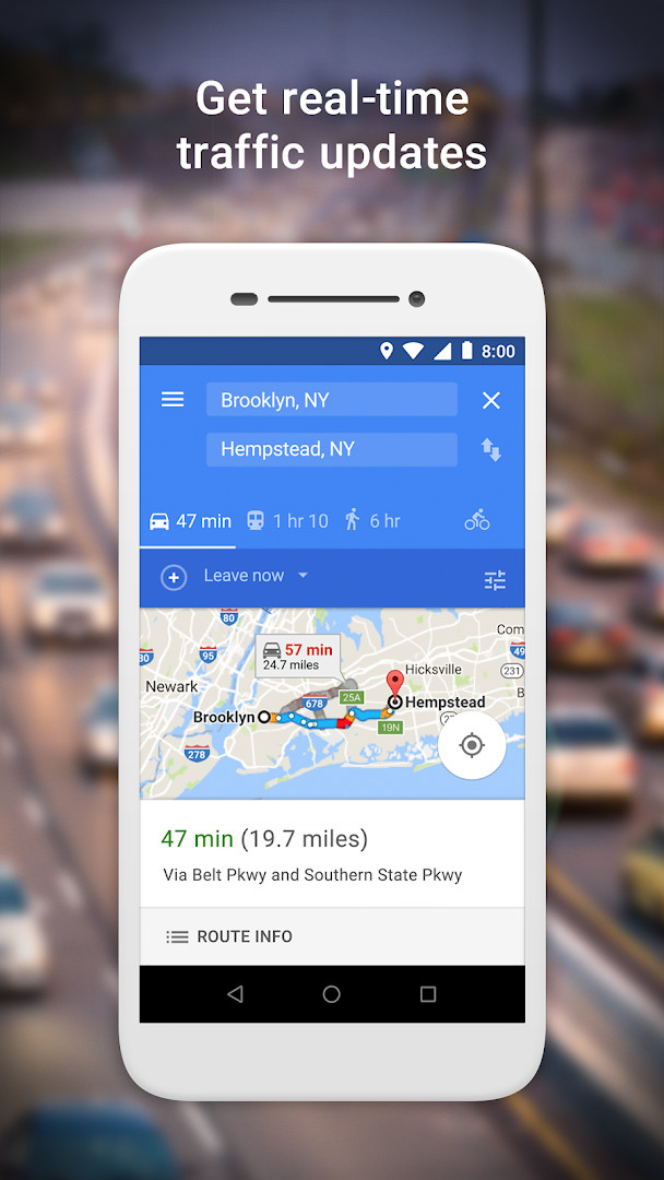 Google Maps Go map view showing real-time traffic conditions on city roads