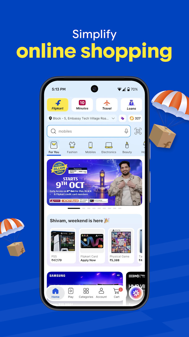 Flipkart Minutes screen offering delivery of daily essentials in 10 minutes
