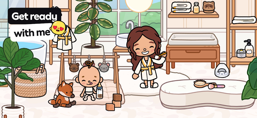Toca Boca World character creation screen with options for hair, faces, outfits and accessories