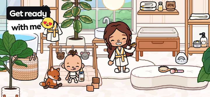 Toca Boca World character creation screen with options for hair, faces, outfits and accessories