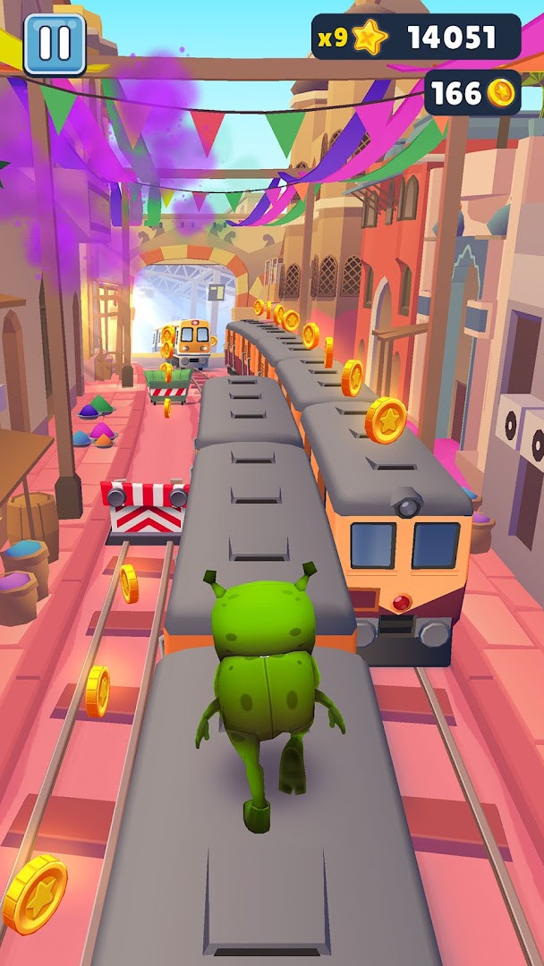 Screenshot demonstrating swipe acrobatics with the character jumping and rolling over barriers