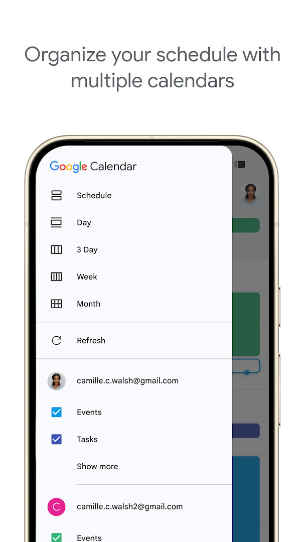 Google Calendar shared calendars screen showing multiple color-coded calendars