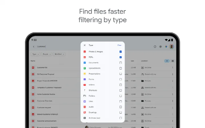 Google Drive tablet layout with side-by-side view and drag-and-drop
