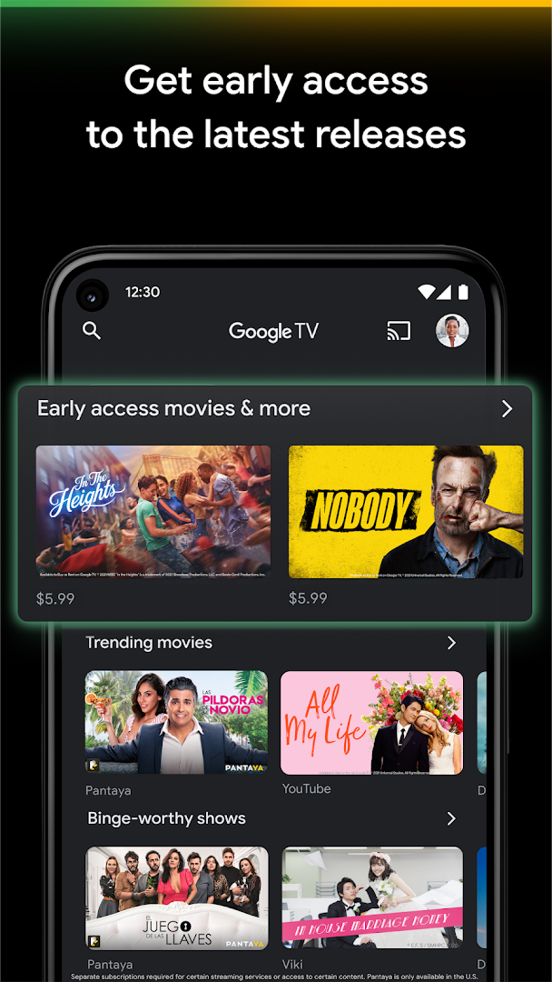 Google TV Shop tab for browsing and renting the latest movie releases.