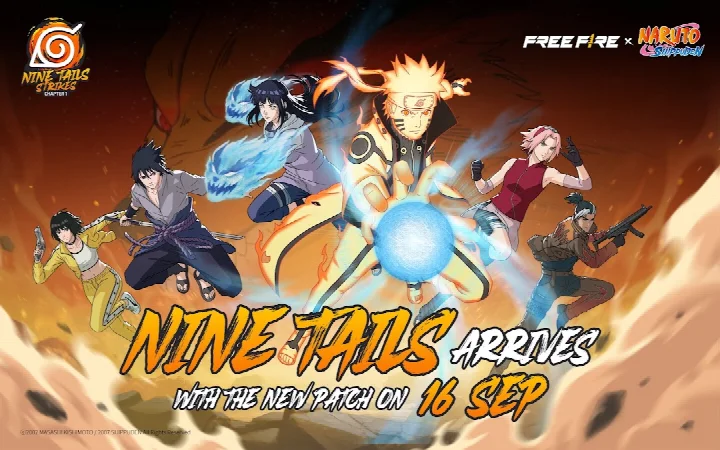 Free Fire x NARUTO SHIPPUDEN screenshot showing the Nine Tails triggering random events during the plane flight