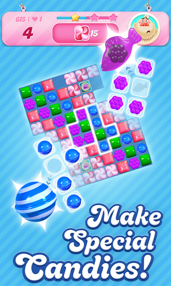A level with a jelly-clearing objective and candy pieces on a grid.