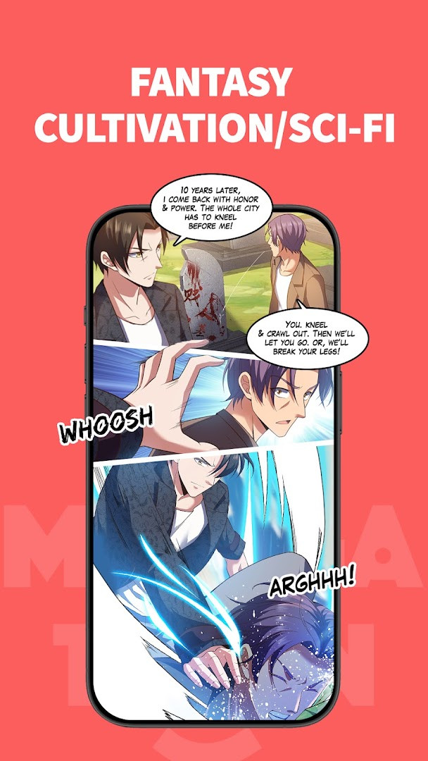 Genre browsing screen with categories such as fantasy, action and romance for manhwa and webtoon fans