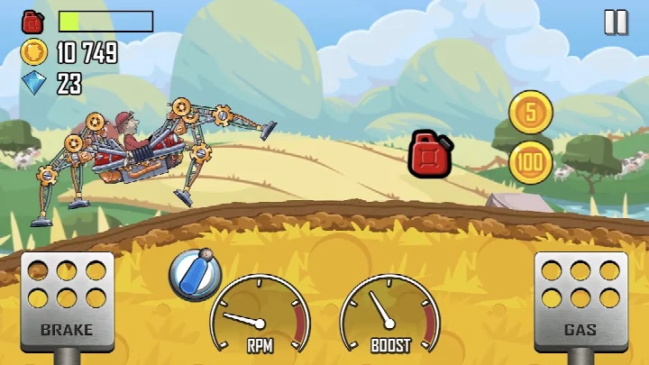 Screenshot of a motorcycle performing a stunt mid-air over a hill with coins floating nearby.