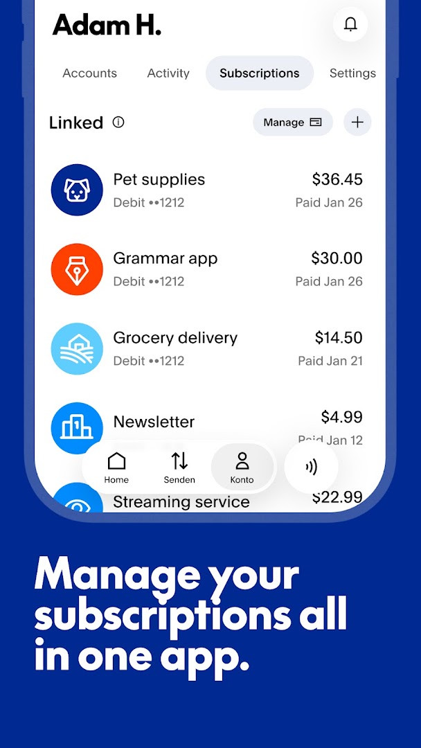 Debit card screen highlighting monthly category rewards and no monthly fees