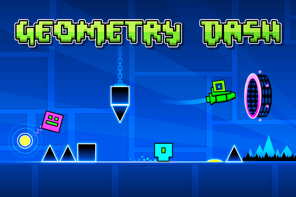 Gameplay showing a cube jumping over spiked obstacles in a colorful neon world