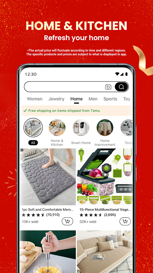 Temu product page with item details, pricing and purchase options