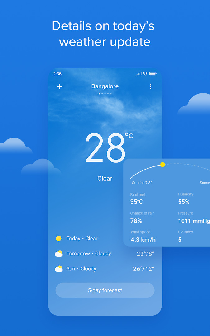 Weather - By Xiaomi main screen with current temperature, rain forecast and AQI in one view