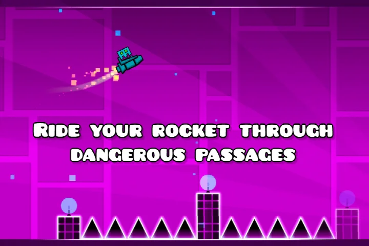 Player character flying as a rocket ship through a hazardous geometric tunnel