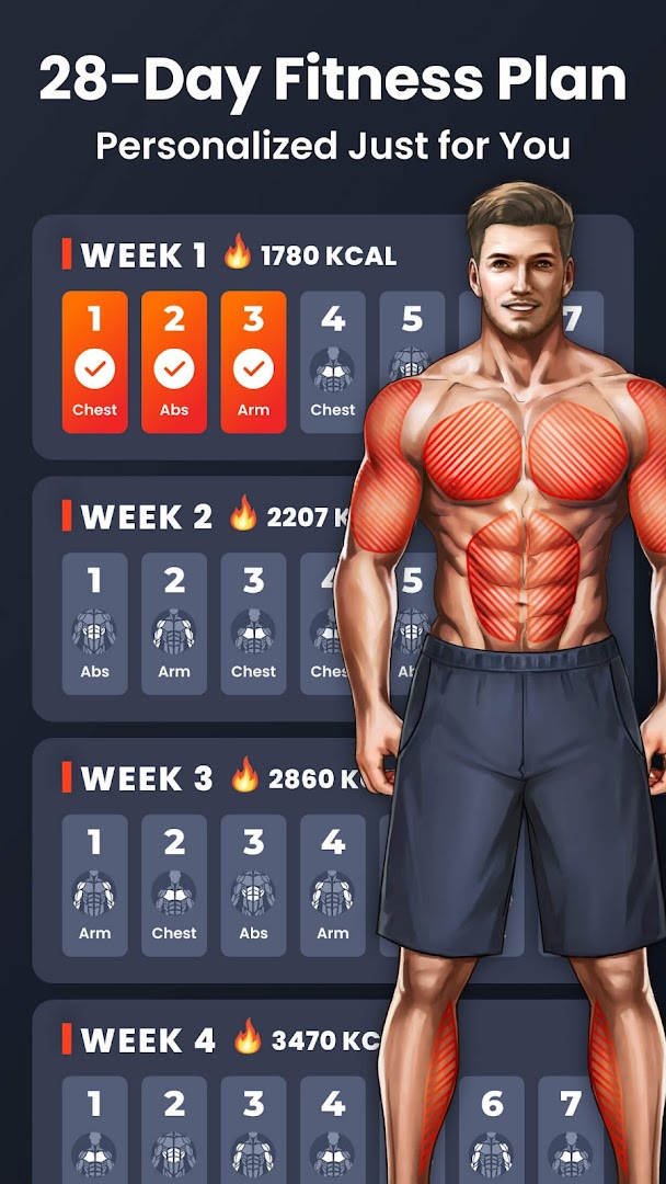 Home Workout - No Equipment muscle group selection for chest, abs, and legs