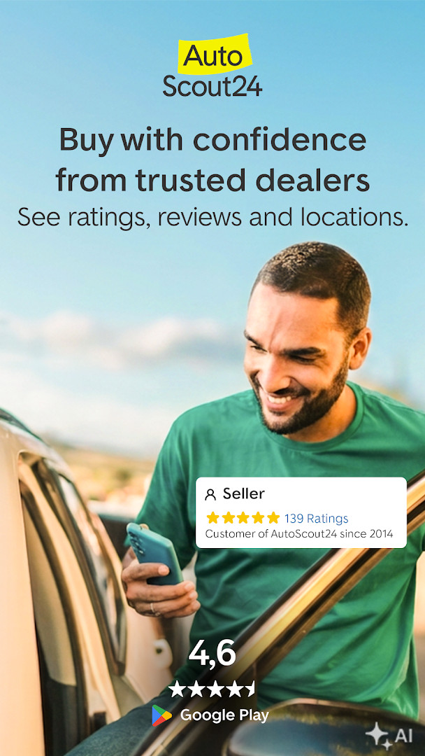 Home screen showing search bar and featured vehicle listings