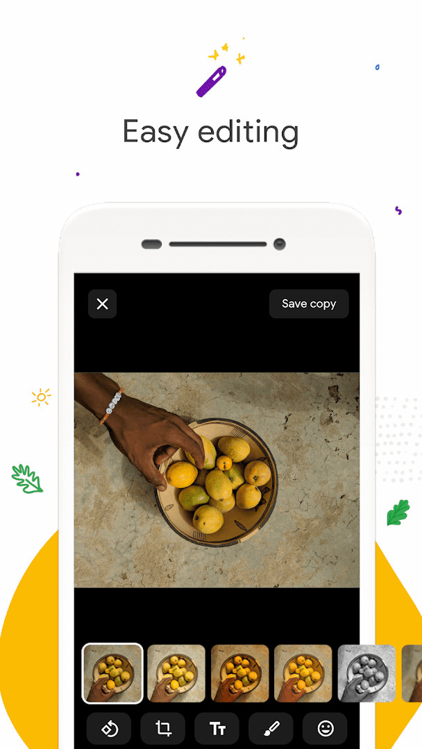Photo editing view with auto-enhance one-tap tool and adjustment sliders