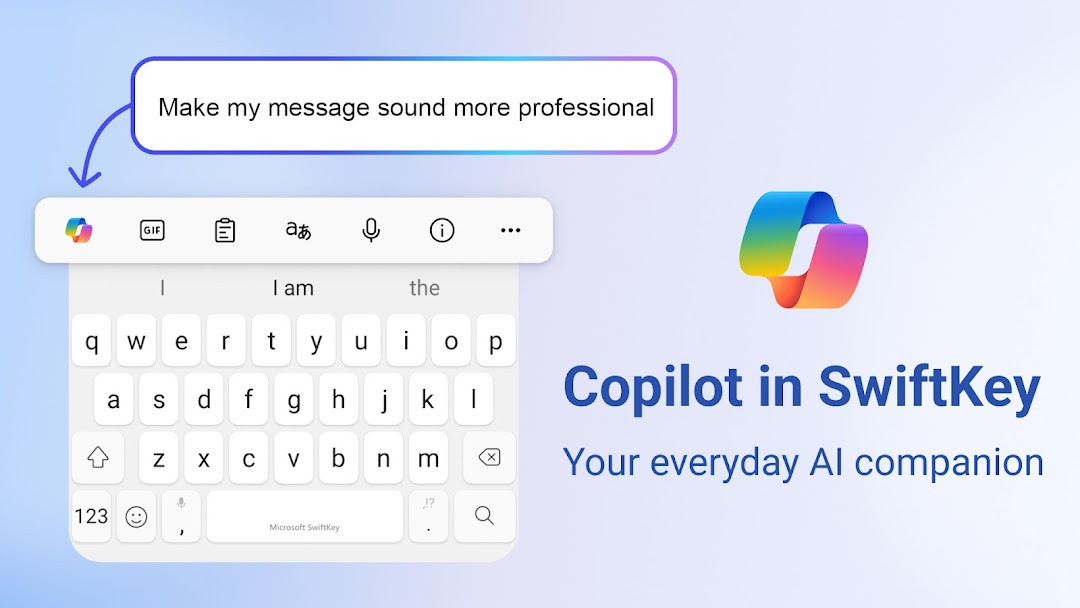 Microsoft SwiftKey AI Keyboard main typing screen showing swipe-to-type and word predictions