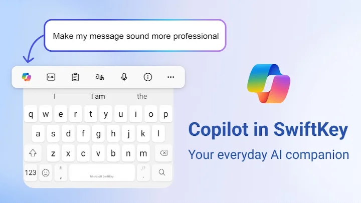 Microsoft SwiftKey AI Keyboard main typing screen showing swipe-to-type and word predictions