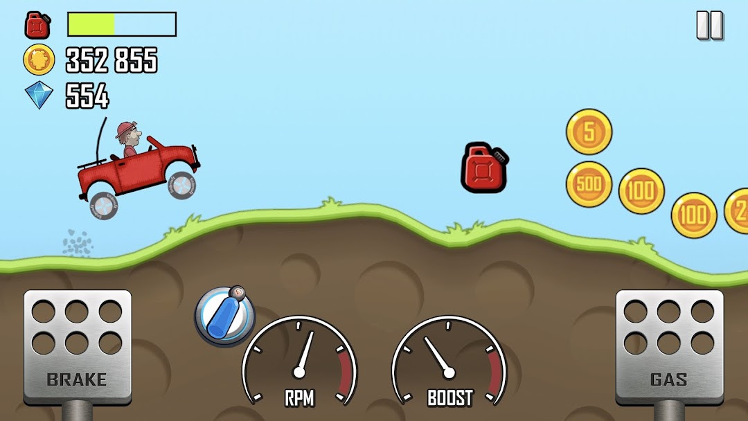 Gameplay screenshot showing a jeep driving uphill on a grassy slope with a fuel gauge.