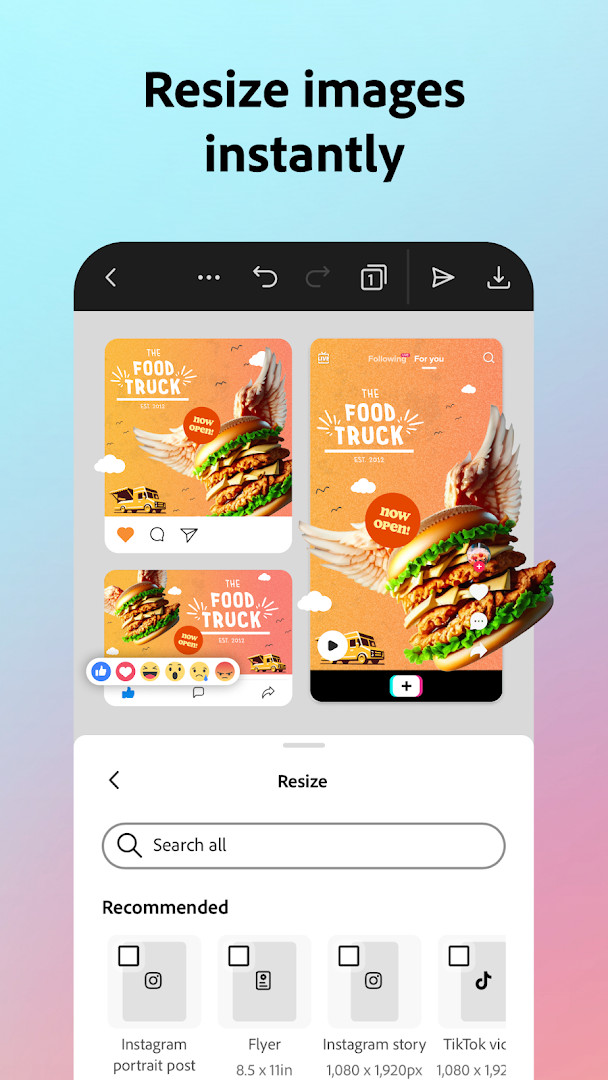 Adobe Express: AI Photo, Video PDF editing and export screen
