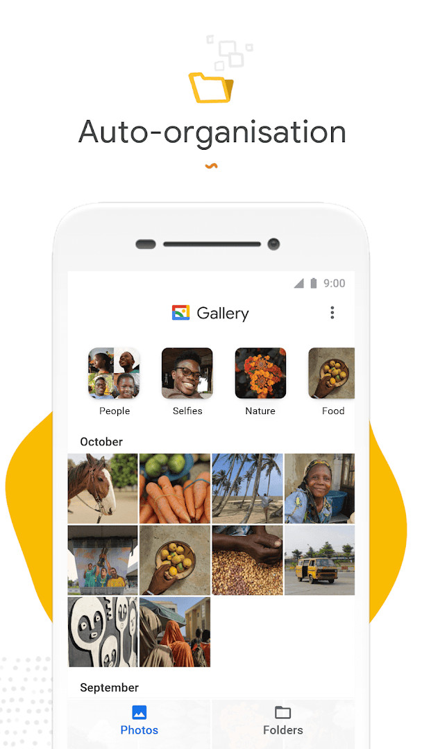 Home screen showing photo grid organized by categories like People and Nature
