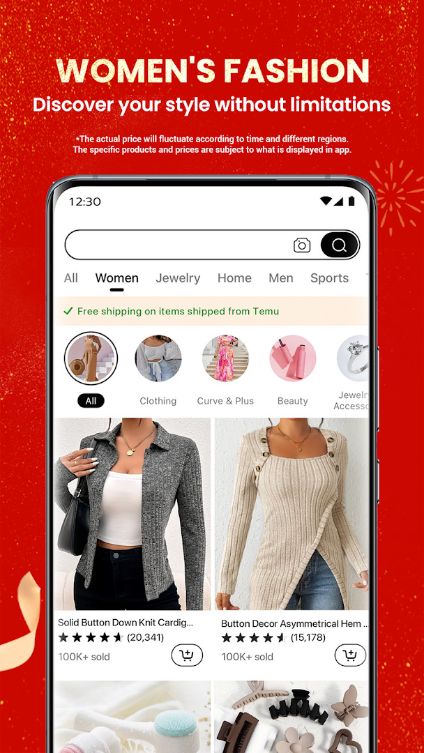 Temu category menu listing fashion, home decor, beauty and handmade crafts