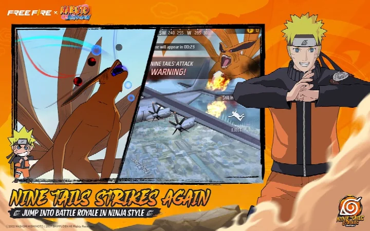 Free Fire x NARUTO SHIPPUDEN screenshot displaying the Ninjutsu Scrolls with Fireball Jutsu and Rasengan