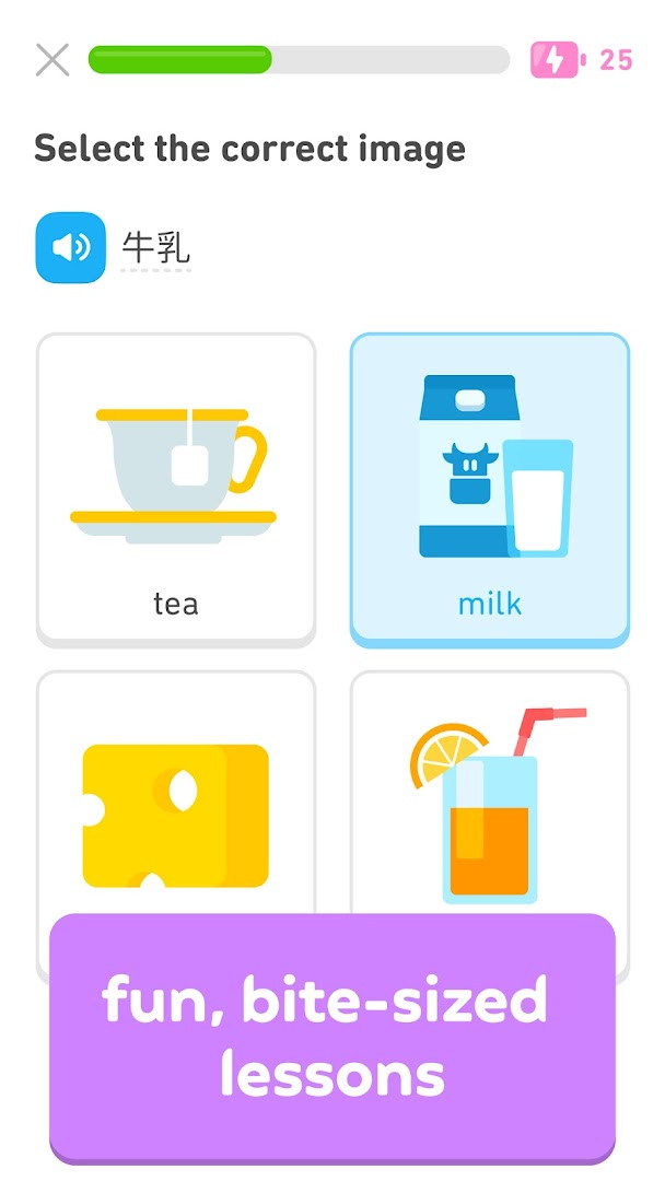 Bite-sized lesson screen with matching exercise