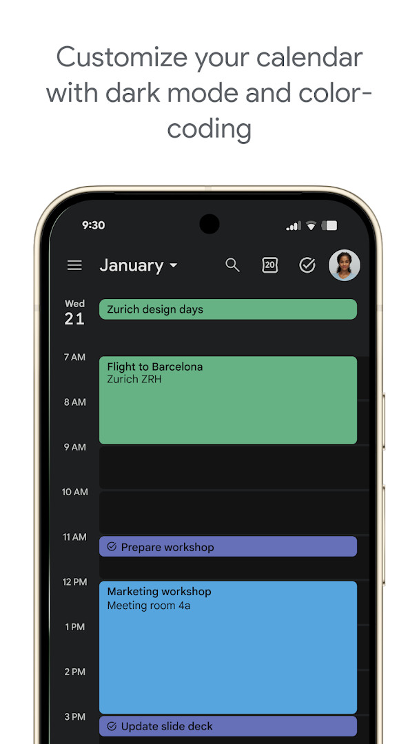 Google Calendar settings screen with options for views and notifications