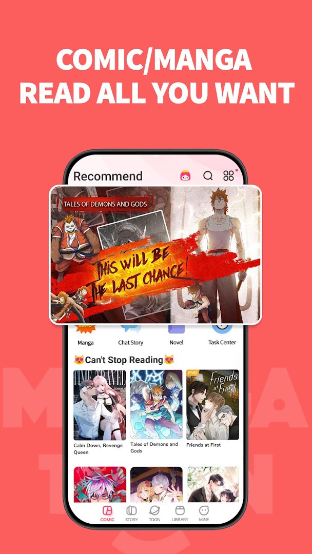 MangaToon home screen showing a browsable feed of colorful comic and manga titles