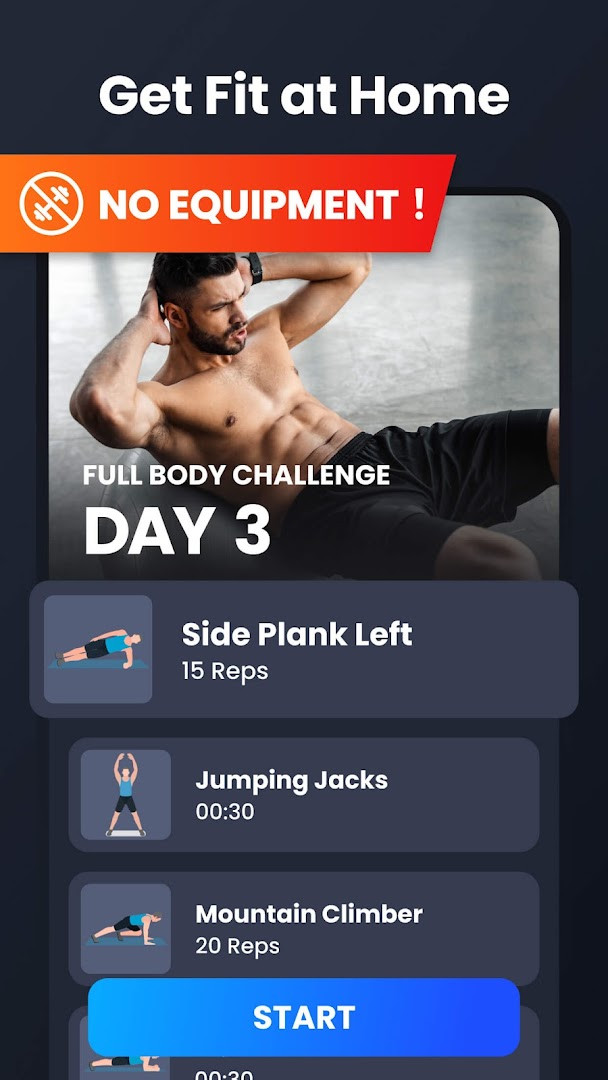 Home Workout - No Equipment warm-up stretch screen with step-by-step instructions