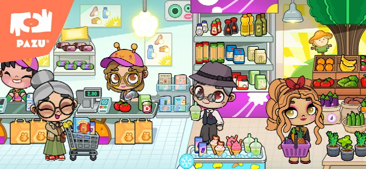 Character walking through a bustling city street with buildings and shops