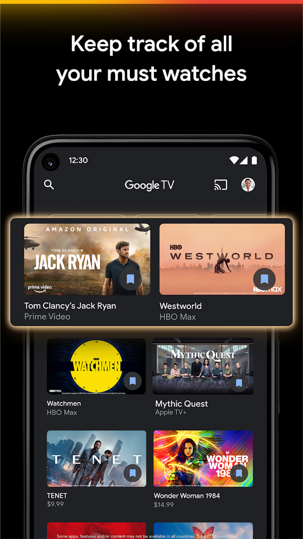 Google TV Watchlist screen listing saved shows and movies across devices.