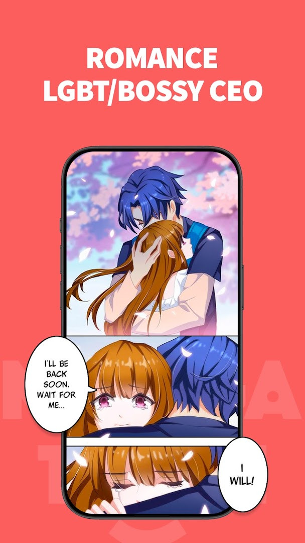 Comic reading screen displaying a full-color vertical webtoon episode with swipe-to-continue layout