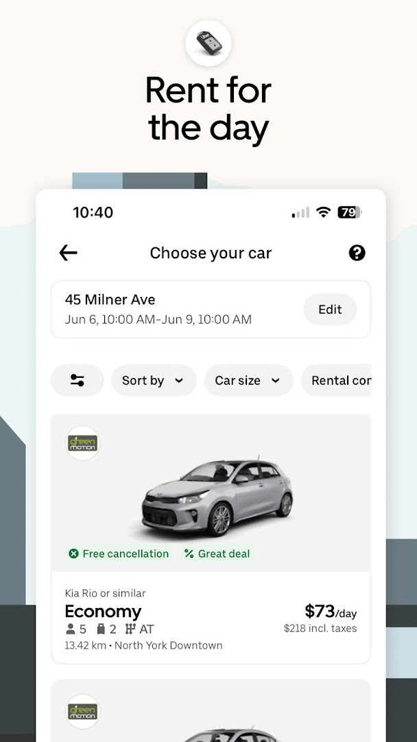 Rental car browsing screen for choosing a vehicle for a trip or errand