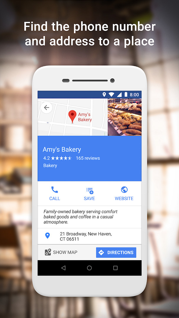 Google Maps Go place details page with reviews, photos and contact information