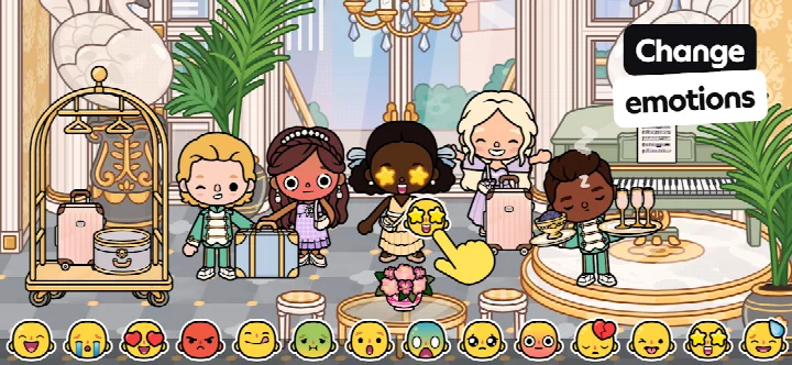 Toca Boca World rooftop party scene with characters, pets and silly items