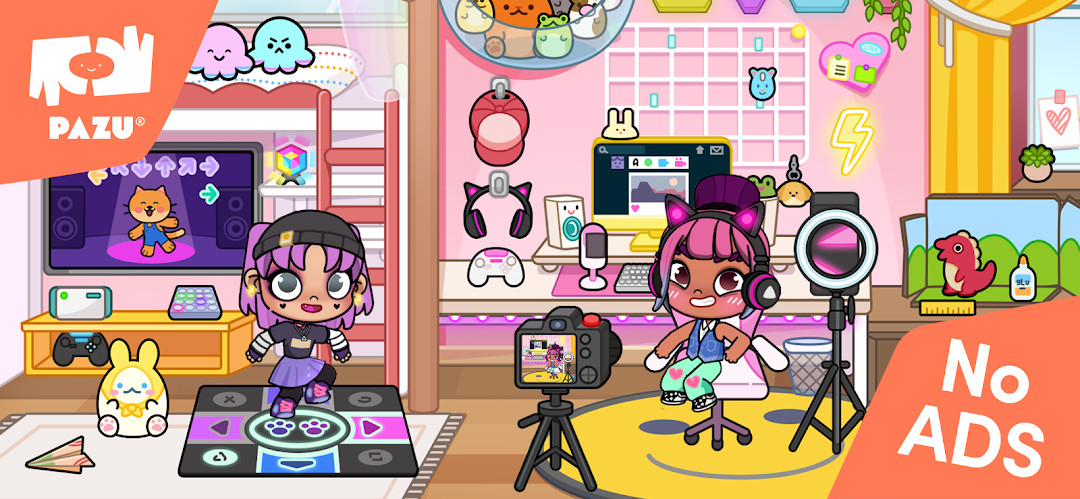 Avatar creator screen with outfit, hairstyle, and accessory options for a custom character
