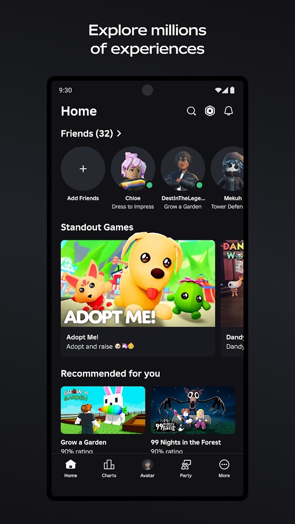 Game discovery screen showing a scrolling library of player-created experiences across many genres
