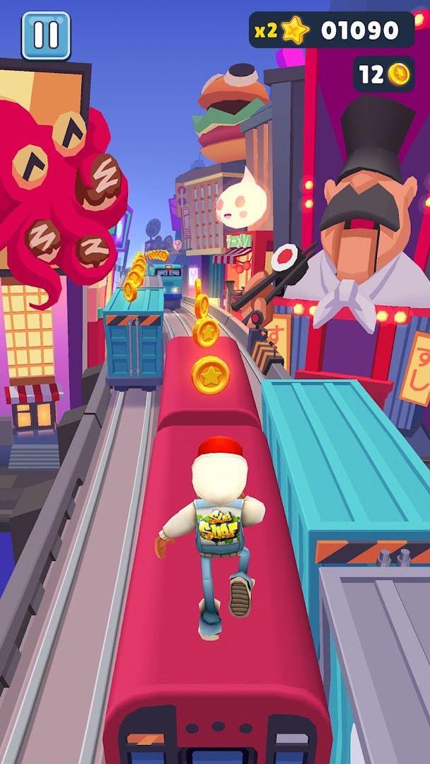 Screenshot showing Tricky and Fresh grinding on top of moving trains with colorful city background