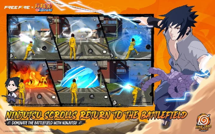 Free Fire x NARUTO SHIPPUDEN screenshot showing a player throwing a Kunai and using Reanimation at a Revival Point