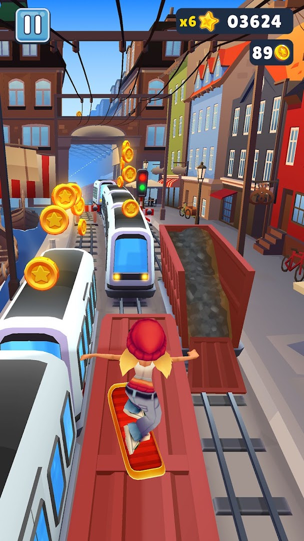 Screenshot of the character using a hoverboard to surf over obstacles on the tracks