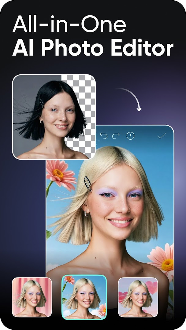 Home screen of Picsart showing AI tools, templates, and a prominent Create button