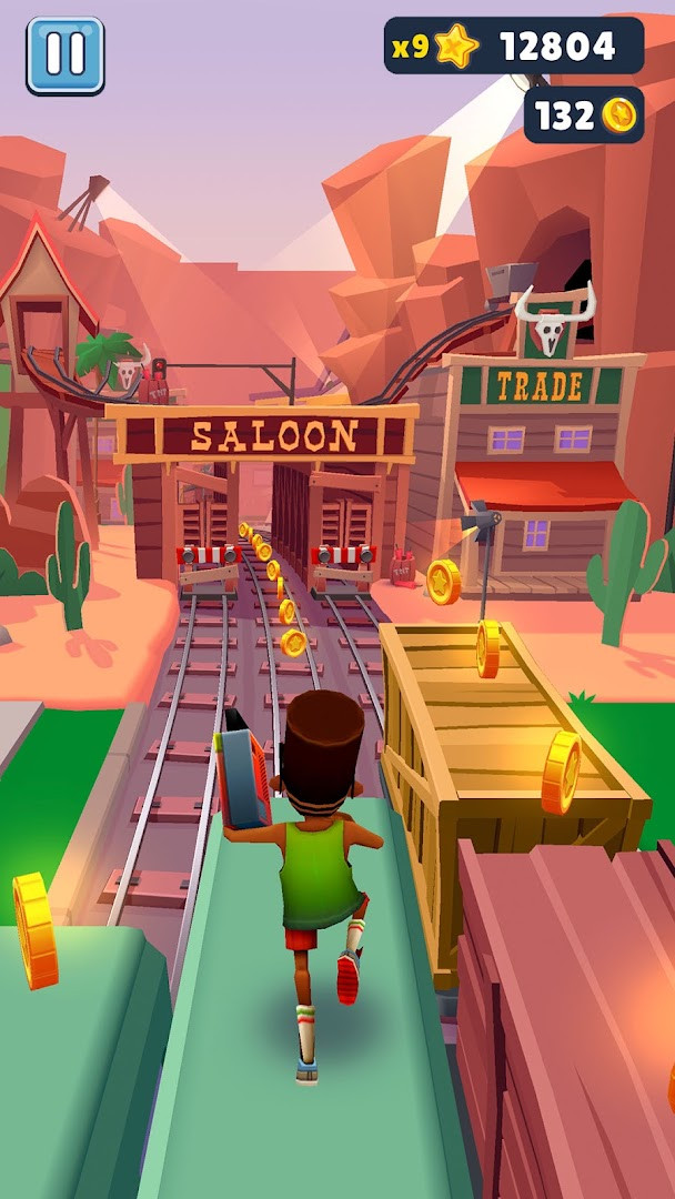 Screenshot of the player flying with a jetpack painted with bright colors above the trains