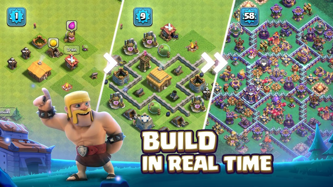 Clash of Clans main village view with buildings, defenses, and a Town Hall.