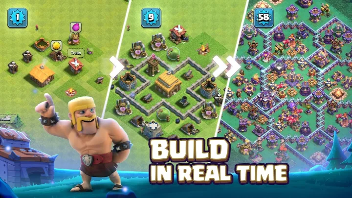 Clash of Clans main village view with buildings, defenses, and a Town Hall.