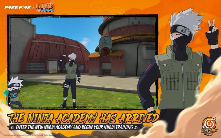 Free Fire x NARUTO SHIPPUDEN screenshot of a 4-man squad in the Hidden Leaf Village preparing for battle